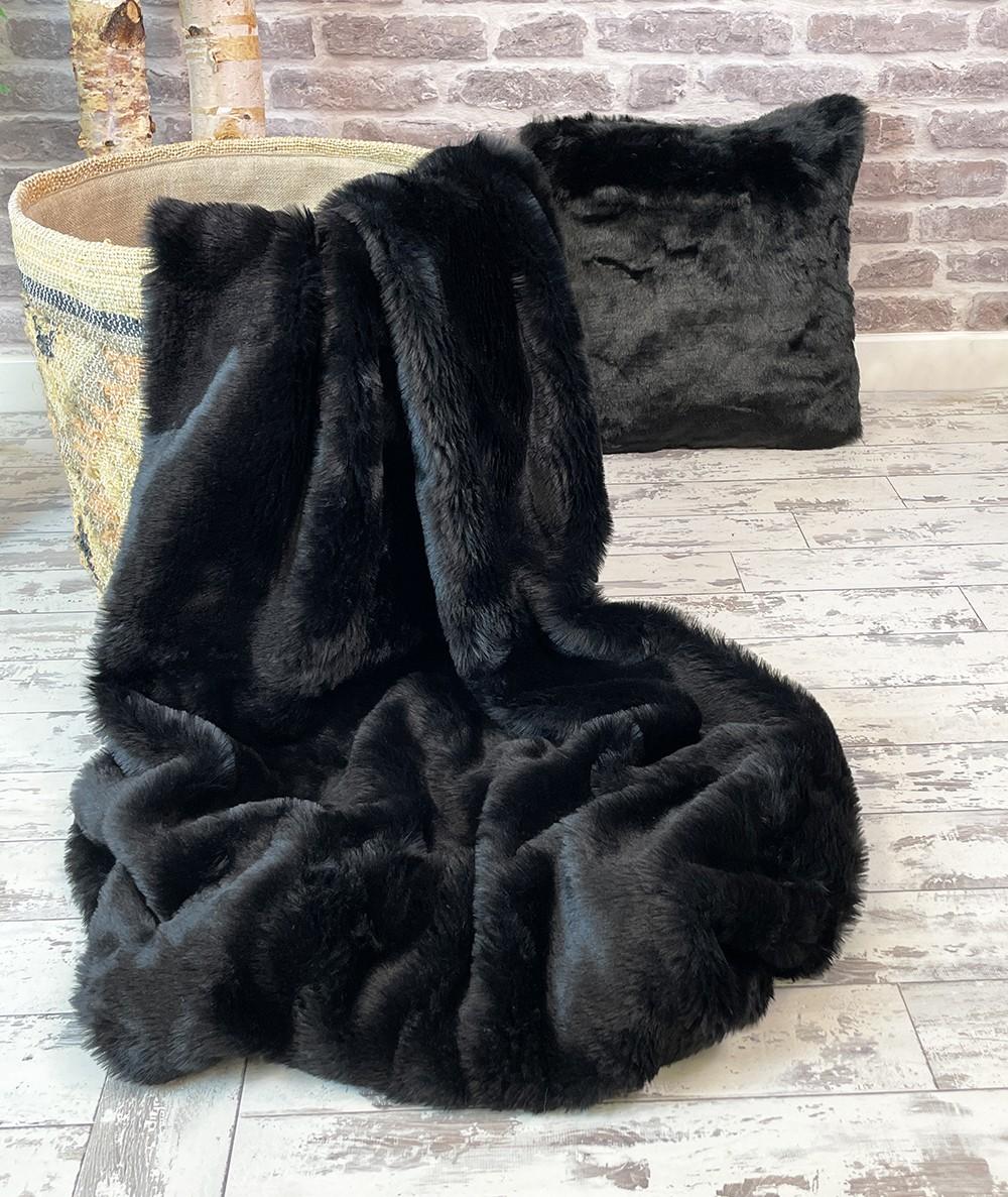 Midnight Black, economy faux fur throw and cushion