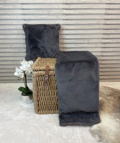 Plain grey fake fur blanket with matching cushion