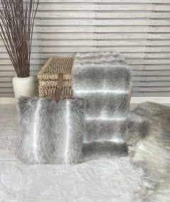 Taupe and white striped fur throw with matching cushion