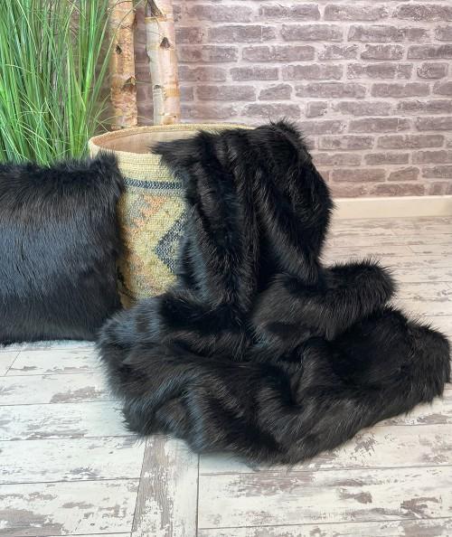 Large fake fur blanket and cushion in luxury Black Angus fur