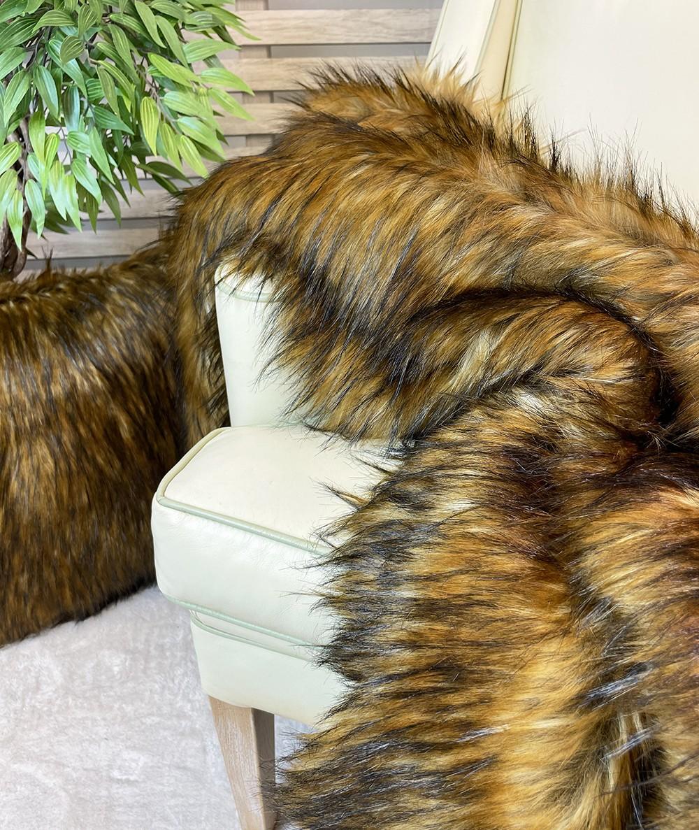 Luxurious Red Panda throw in soft long haired, mixed brown faux fur