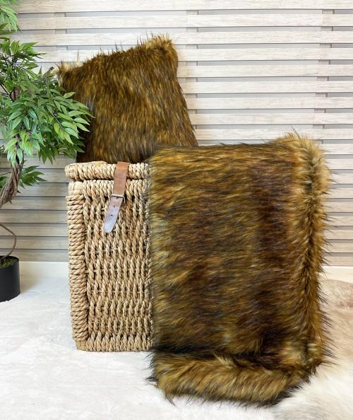 Brown ginger and black long haired fur throw with matching fur cushion