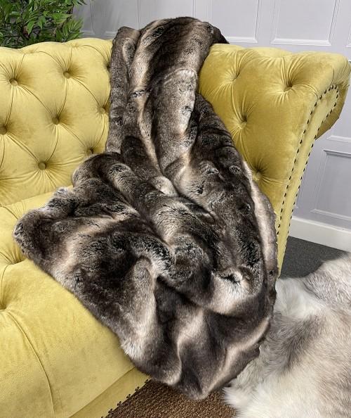 Brown and beige medium length striped faux fur throw