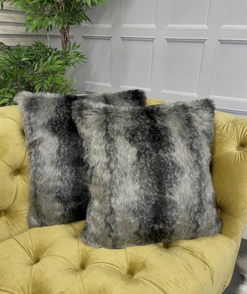 Striped fur cushion in grey and black Ashford design