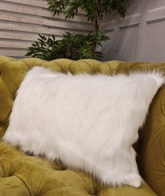 Rectangular sofa cushions in off-white faux fur