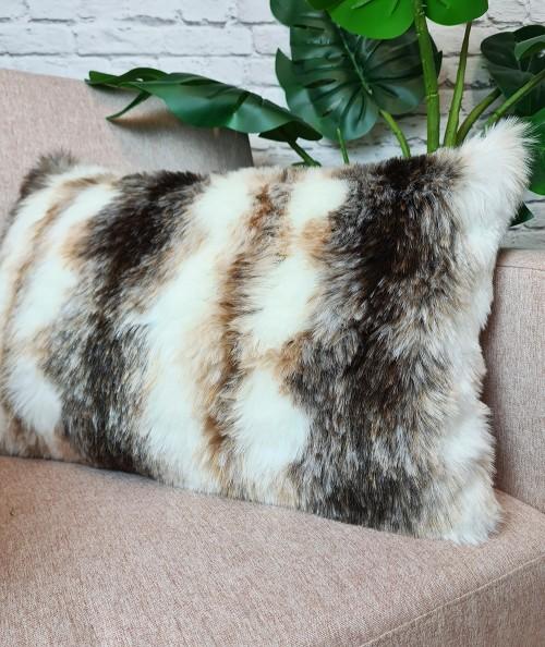 Rectangular cushions in brown and cream soft faux fur