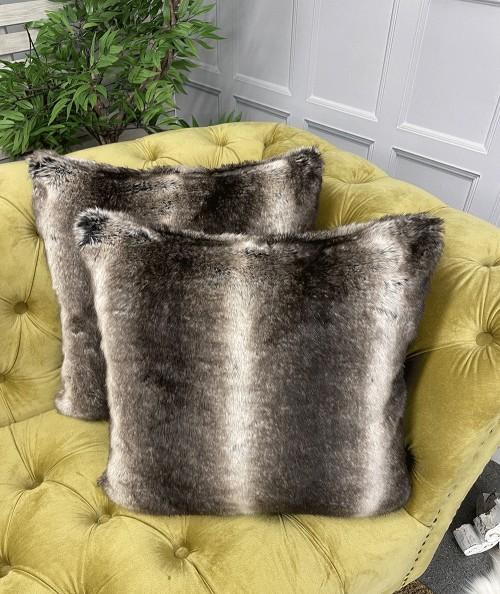 Luxury brown and beige striped fake fur cushion covers