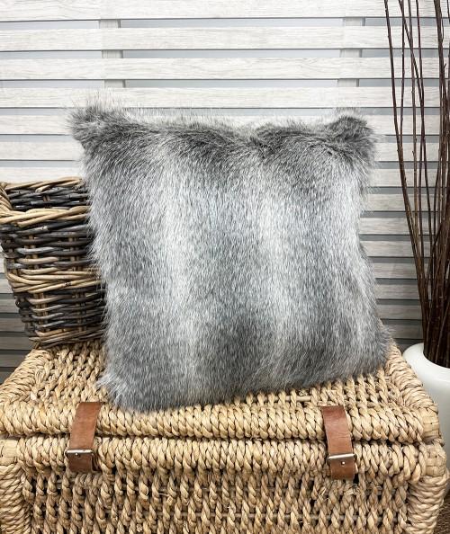 Dark grey striped faux fur cushions