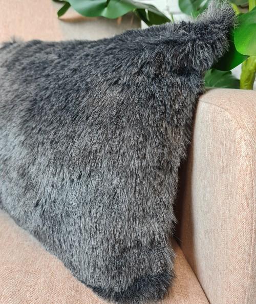 Dark grey rectangular faux fur cushions