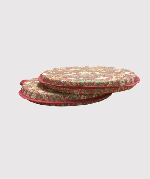 Red floral round bistro chair pad with ties