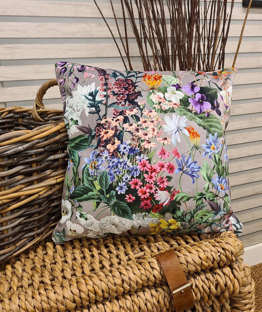 Multicoloured floral velvet cushions